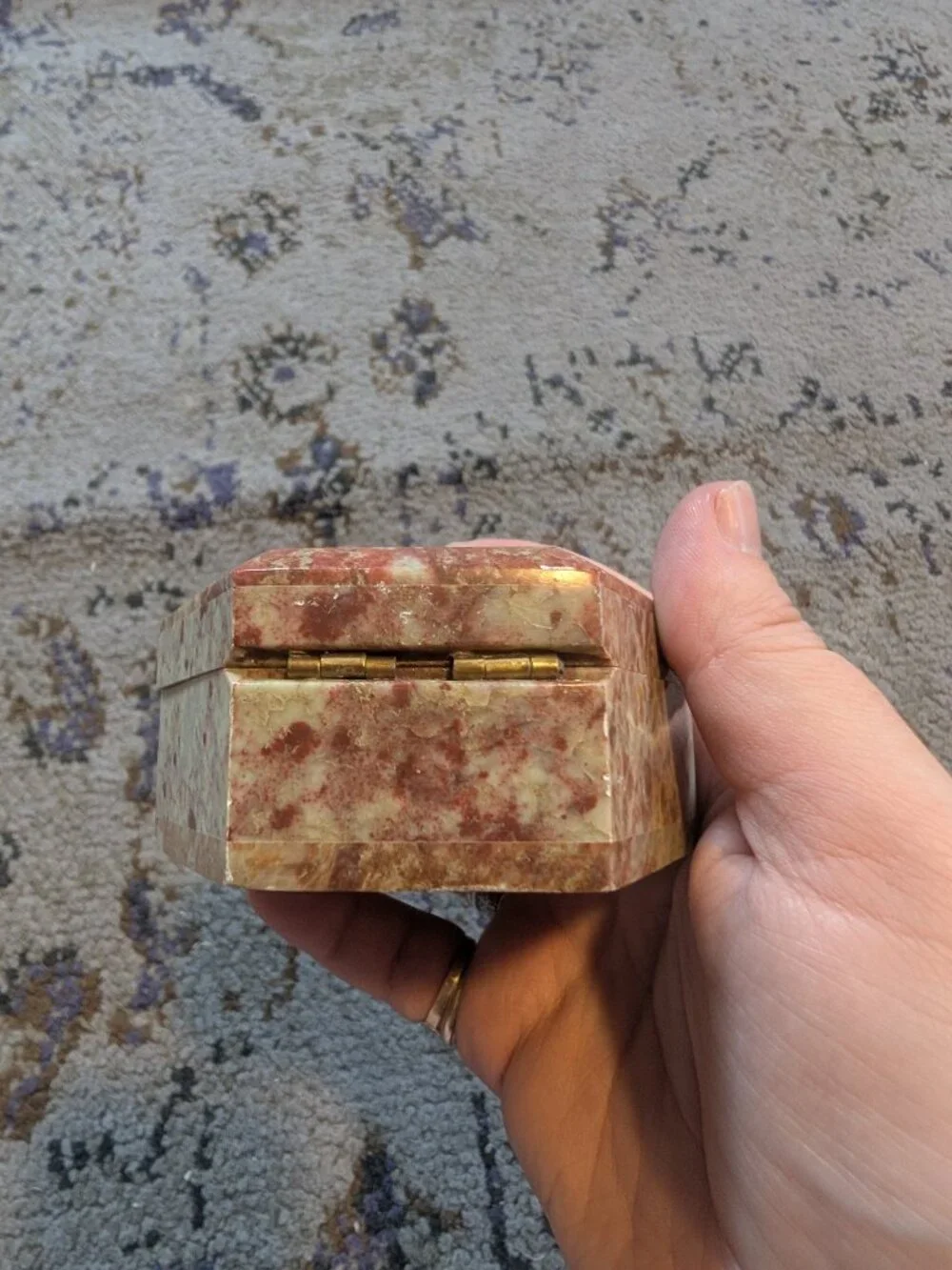 Vintage Pierced Carved Soap Stone Inlaid‎ Floral Lidded Trinket Jewelry Box Dish